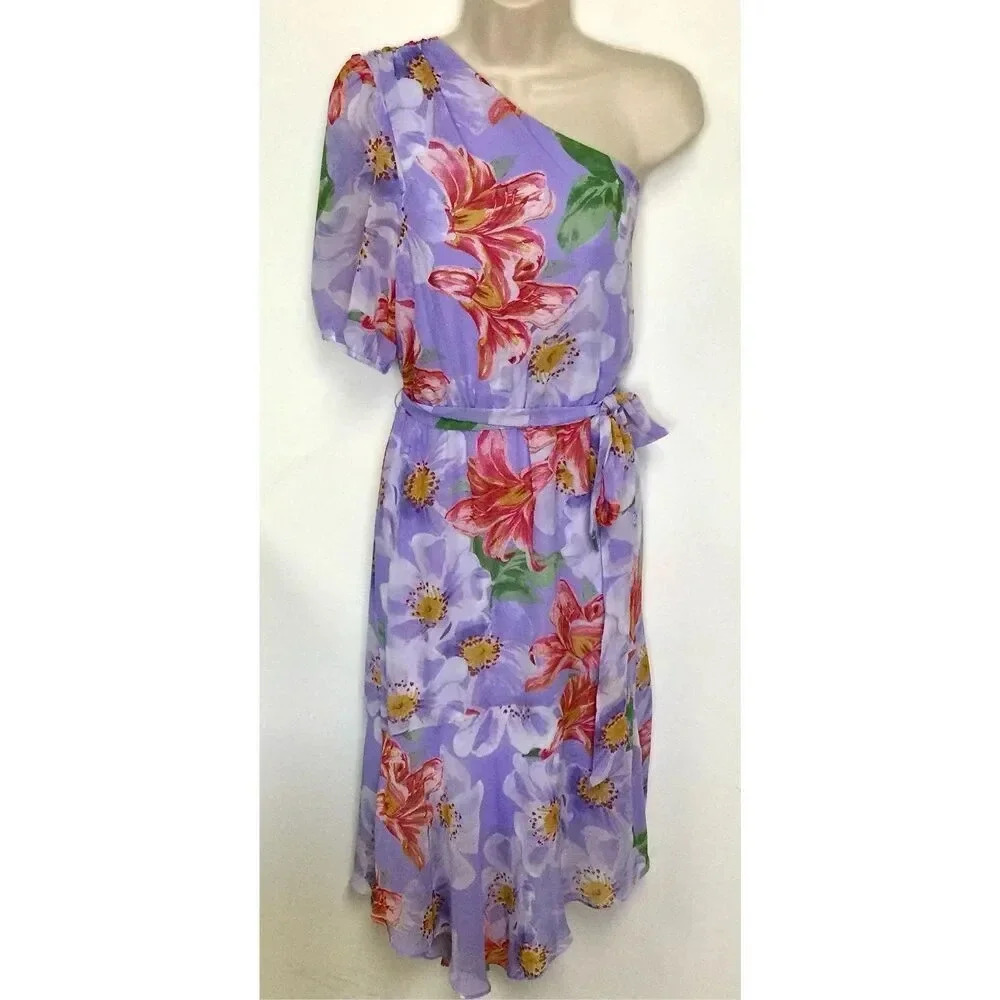 Julia Jordan‎ Womens Purple Floral One-Shoulder Asymmetric Hem Dress Size 12 NWT